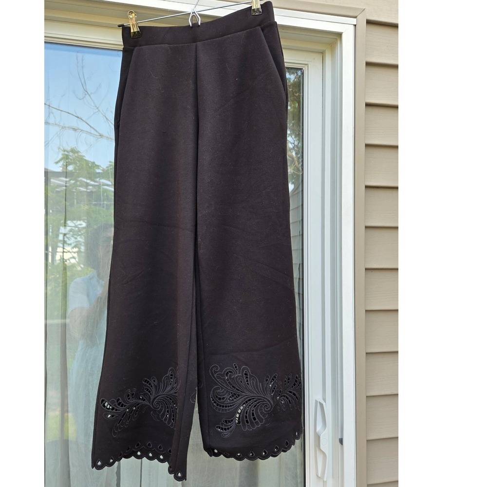 Elie Tahari Size S Black Women's Wide Leg Pants with Scalloped Eyelet Hem‎